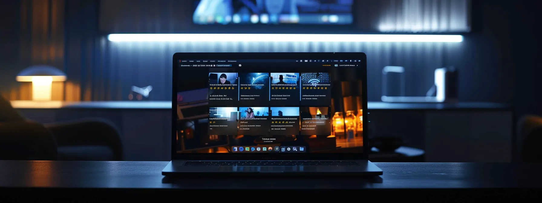 a glowing laptop screen showing a collection of five-star reviews and client testimonials, illuminating a dark room with the promise of digital marketing success.